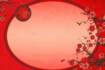 Sfondo rosso con rami di fiori di pesco e luna stilizzata