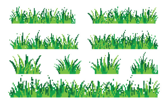 Set illustration of retro green grass pixel art style icon on white background