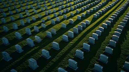 Obraz premium A time-lapse sequence concept of shadows lengthening across orderly rows of headstones as sunlight moves from east to west over the grounds