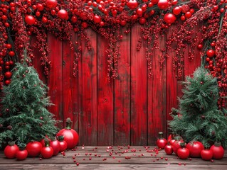 Sfondo Natalizio con Legno Rosso e Decorazioni