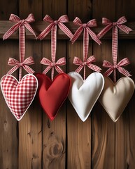 Handmade fabric heart decorations in red, white, and beige hanging from gingham ribbon bows on rustic wooden background, cozy romantic country style for Valentine&rsquo;s Day or wedding d&eacute;cor

