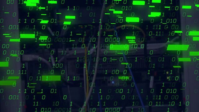 LED glow starting code overlaying server rack streaming binary code forming cyber-attack simulation