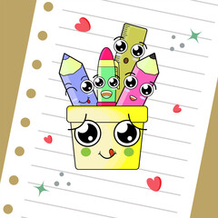 Kawaii school stationery in cute cartoon style. Happy school supplies. Hand drawn clip art illustration. Back to school concept. flat illustration of education and semester.
