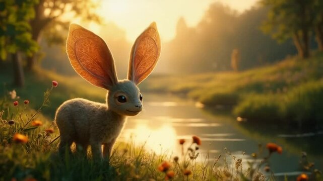 A rabbit with large, floppy ears sits quietly, its soft fur shimmering in the gentle light.
