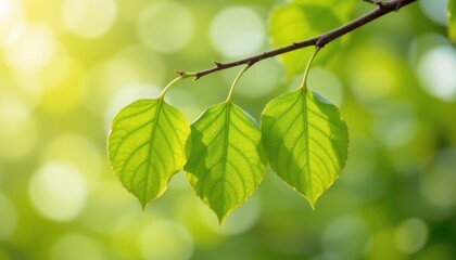 Obraz premium Vibrant green leaves on a branch in nature morning light close-up view freshness concept