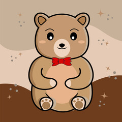 cartoon of brown teddy bear with a red bow. It is a kawaii character cartoon. 