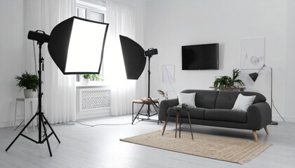 Photography studio setup in a modern minimalist living room creating bright ambiance