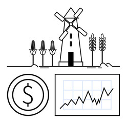 Windmill surrounded by corn and wheat, dollar symbol inside a coin, financial chart with upward trend. Ideal for agriculture, finance, investment, sustainability, growth, farming simple landing page