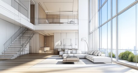 Fototapeta premium Interior design sketch of a modern penthouse