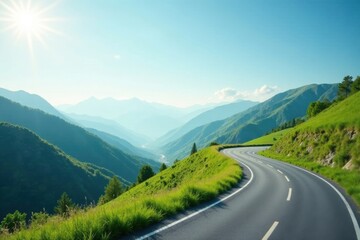 Fototapeta premium Serene Winding Road Through Lush Green Mountains Under a Bright Sunny Sky