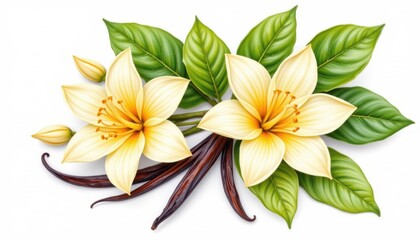 Fototapeta premium Delicate vanilla blossoms and green leaves nature scene floral artwork bright environment close-up perspective