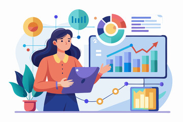 Business person interacting with a futuristic digital marketing interface, showcasing online advertising analytics, data charts, email marketing, and campaign performance metrics on a virtual screen. 