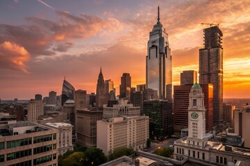 Fototapeta premium Cityscape view of philadelphia skyline at sunset with orange sky glow