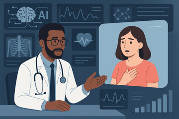 Modern doctor talking to concerned patient through digital screen, using AI and medical data to provide remote healthcare support and consultation