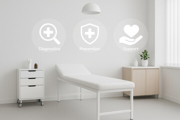 Modern minimalist medical room with white examination table, cabinet, and floating healthcare icons for diagnostics, prevention, and support, creating calm and clean atmosphere