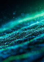 Abstract Digital Green and Blue Wave Background with Glowing Particles
