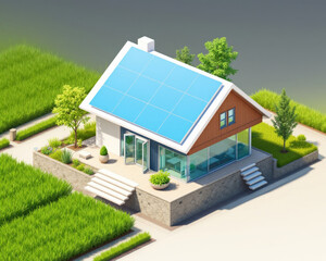 Modern house with solar panels on roof surrounded by green fields and trees, featuring glass walls and stone terrace, showcasing sustainable and eco friendly living
