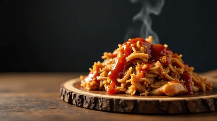 Steaming Hot Noodles with Savory Sauce on Rustic Wooden Board