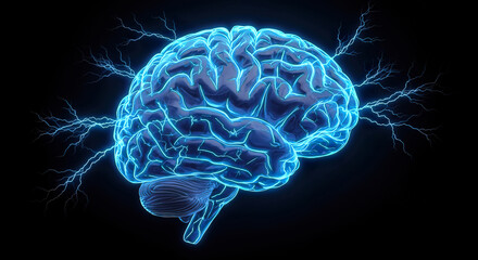 Human brain with neuron link and electronic  particle effects.