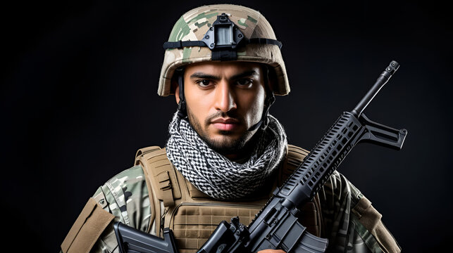 Army soldier in Combat Uniforms with assault rifle, plate carrier and combat helmet are on, Shemagh Kufiya scarf on his neck. Studio shot, dark background