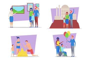 Fototapeta premium Family engaging in multiple activities throughout day, including visiting art gallery, visiting famous monument, playing on beach, and celebrating with balloons