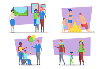 Fototapeta premium Vibrant collection of families engaging in various activities, from exploring museums to building sandcastles and enjoying outdoor adventures. Togetherness in joyful moments concept