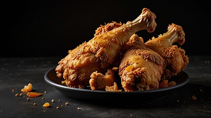 Crispy coated batter southern style fried chicken in a black background