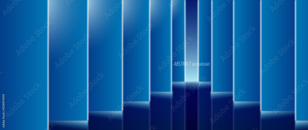 Poster blue background. with geometry objects that are neatly arranged to resemble pillars that form a 3d i