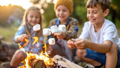 Kids roasting marshmallows campfire.