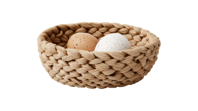 Speckled egg resting in handwoven straw basket