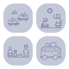 Variety of playful activities such as car rides, ball games, and family fun in theme park. Joy and togetherness during leisure time concept