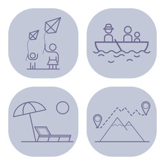 Collection of four line icons depicting outdoor activities including kite flying, boating, beach lounging, and mountain hiking, showcasing various leisure options for everyone