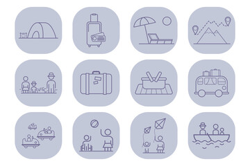 Set of various icons representing travel and outdoor activities, including camping, beach fun, mountain exploration, and transportation. Ideal for design projects
