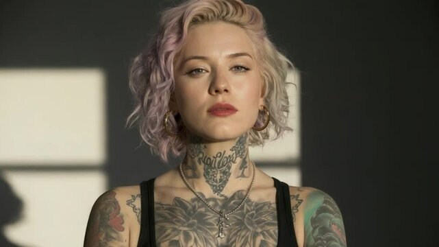 Portrait of a heavily tattooed woman standing confidently in natural light