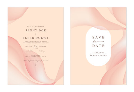 Wedding invitation and save the date template set of flowing and translucent waves in shades of pale pink on a peach background. The style is modern and elegant aesthetic