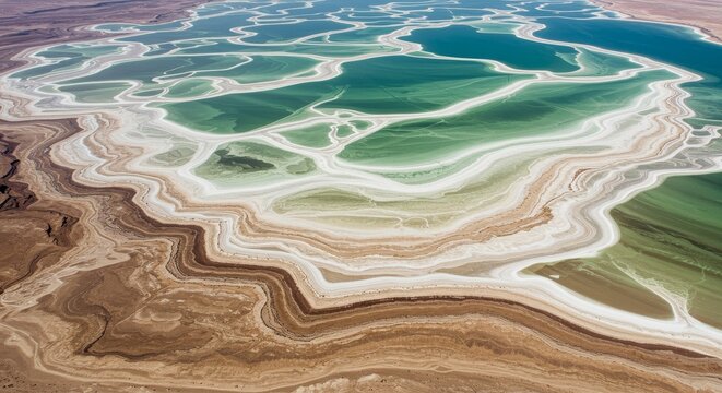 Aerial Photo Of Mineral Rich Coastal Landscape with White Salt Patterns in Jordan