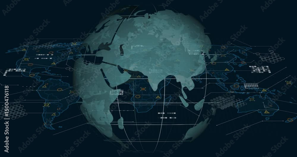 Poster teal globe initiating eastward rotation, visualizing data network with fading icons blinking nodes
