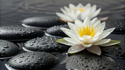 Fototapeta premium White lotus flowers and black stones with water droplets close up view