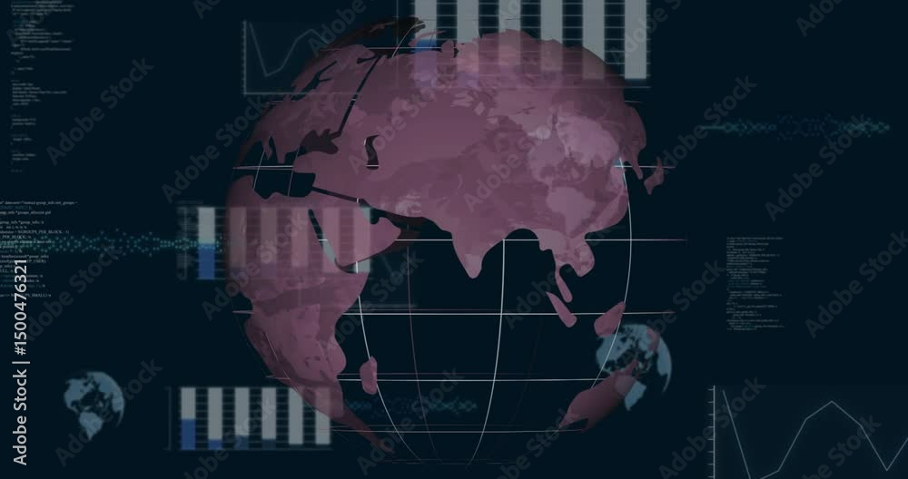 Poster receiving code input starting magenta 3d globe rotating updating charts and graph displaying trends