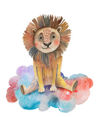 A cute, purple watercolor lion is sitting on a colorful cloud. 