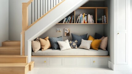 A smartly designed space-saving reading nook under the stairs with built-in storage and cozy seating