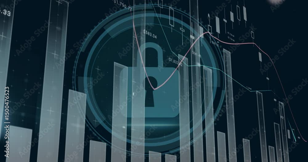 Poster on cybersecurity text fading, bars rising line graphs oscillating padlock pulsing showing security