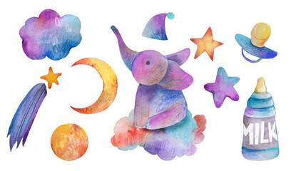 A cute, purple watercolor elephant is sitting on a colorful cloud. 