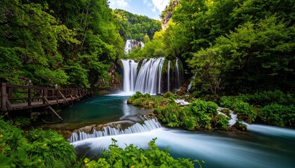 Obraz premium Lush Waterfall Cascade in Forest.