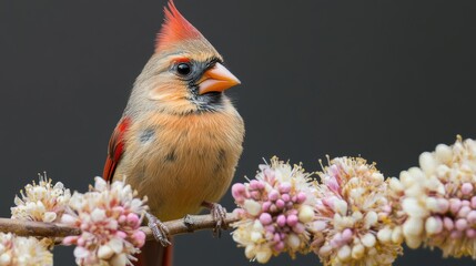 Female Northern Cardinal Perched on a Branch with Flowers