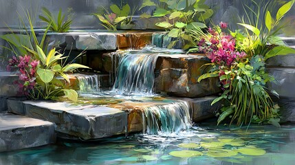 garden design with waterfull A serene water feature with cascading stones, vibrant flowers, and lush greenery, creating a peaceful outdoor oasis.