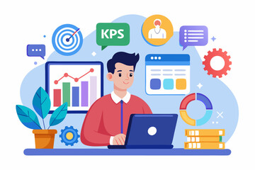 Business person interacting with a futuristic digital marketing interface, showcasing online advertising analytics, data charts, email marketing, and campaign performance metrics on a virtual screen. 