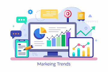 Business person interacting with a futuristic digital marketing interface, showcasing online advertising analytics, data charts, email marketing, and campaign performance metrics on a virtual screen. 