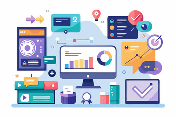 Business person interacting with a futuristic digital marketing interface, showcasing online advertising analytics, data charts, email marketing, and campaign performance metrics on a virtual screen. 