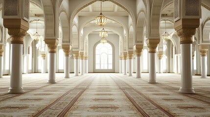 Naklejka premium A grand, ornate mosque interior with white walls, gold accents, and intricate arches.